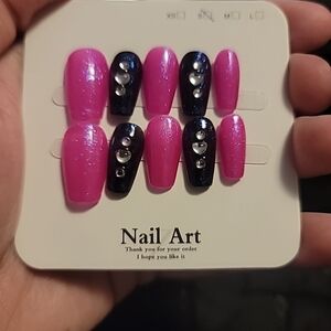 Handmade Pink/Black Iridescent Jeweled Press On Nails Size Small (007)